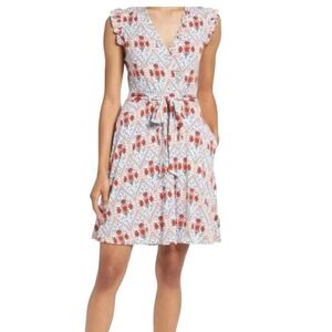 Boden Ruffled Floral Faux Wrap Dress Womens 8 Sleeveless Red Blue Jersey Knit
